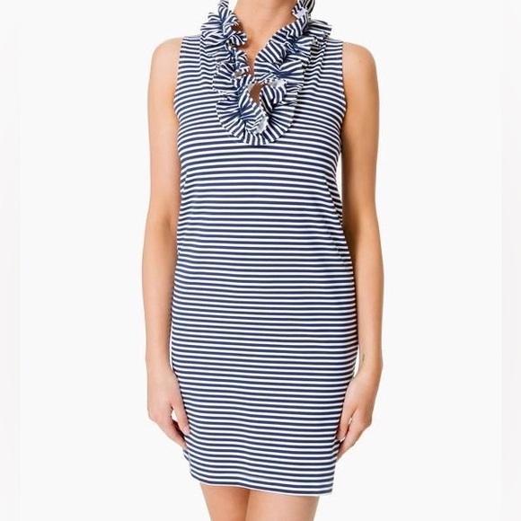 Sailor Sailor Dresses & Skirts - Sailor Sailor Skipper Black White Striped Sleeveless Ruffled Collar Shift Dress